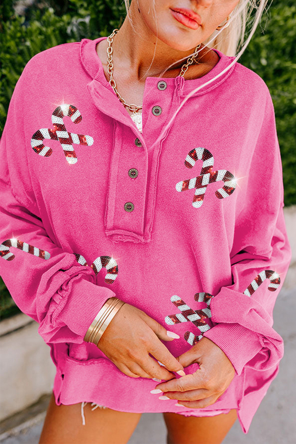 Strawberry Pink Shining Christmas Cane Graphic Henley Sweatshirt