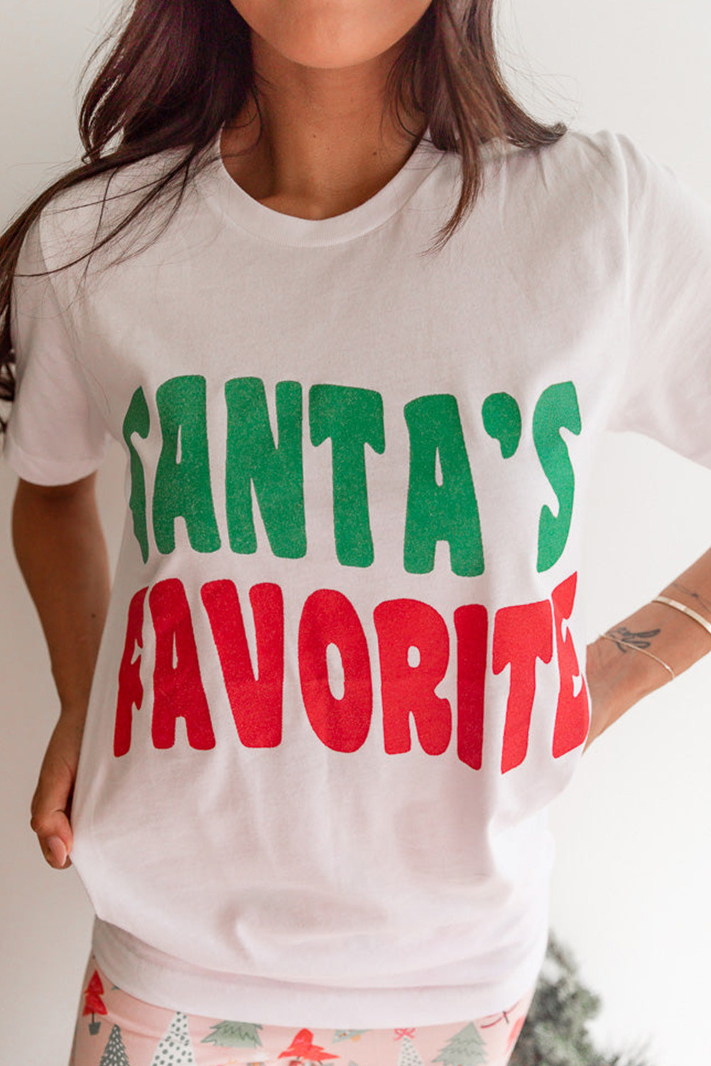 White SANTAS FAVORITE Letter Round Neck Graphic Tee