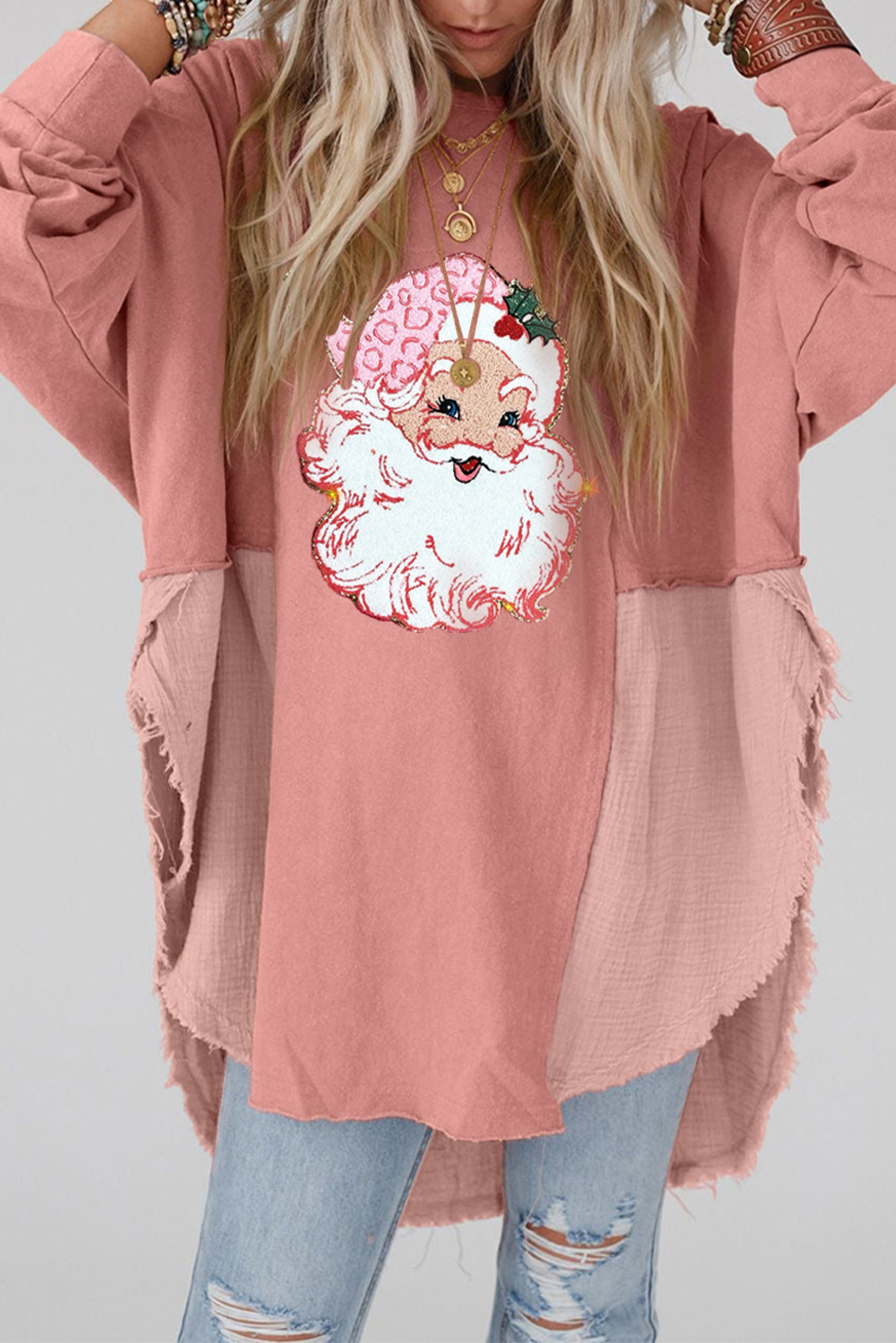 Rose Pink Santa Claus Patchwork Maxi Graphic Top