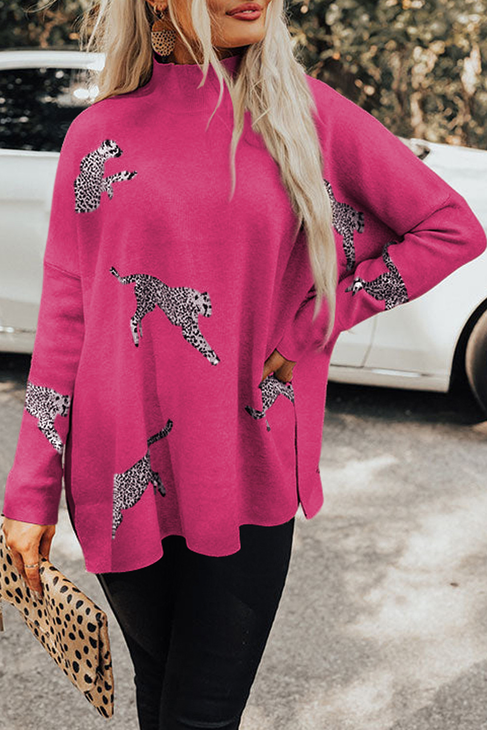 Rose Red Cheetah Print High Neck Split Hem Sweater