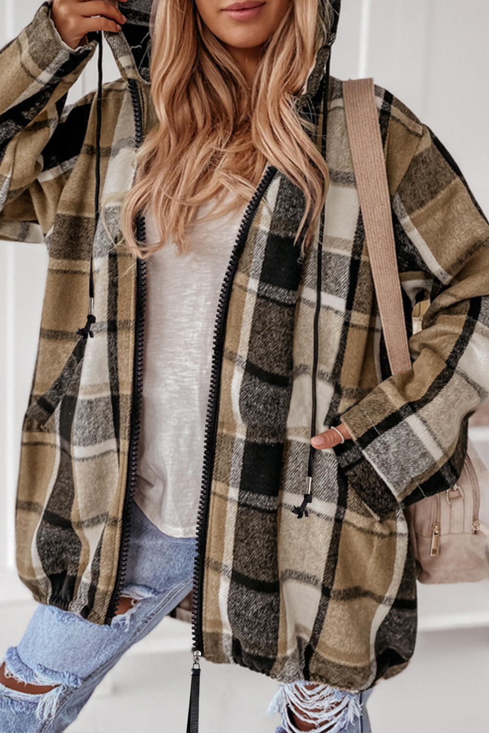 Brown Checkered Drawstring Hooded Zip Up Shacket