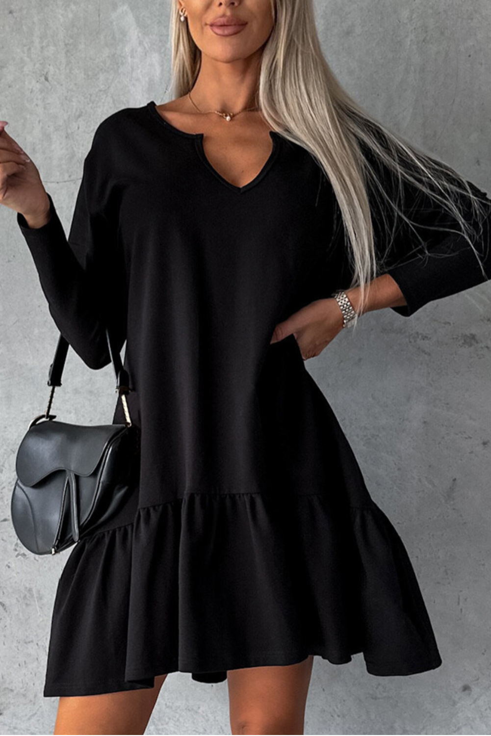 Black Split Neck Long Sleeve Ruffled Loose Dress