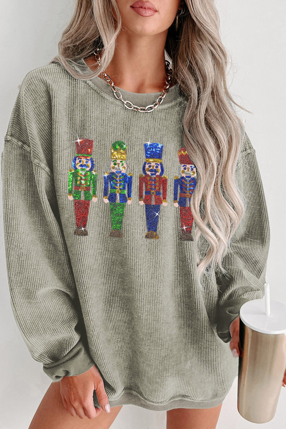 Green Corded Sequins Christmas Nutcracker Graphic Sweatshirt