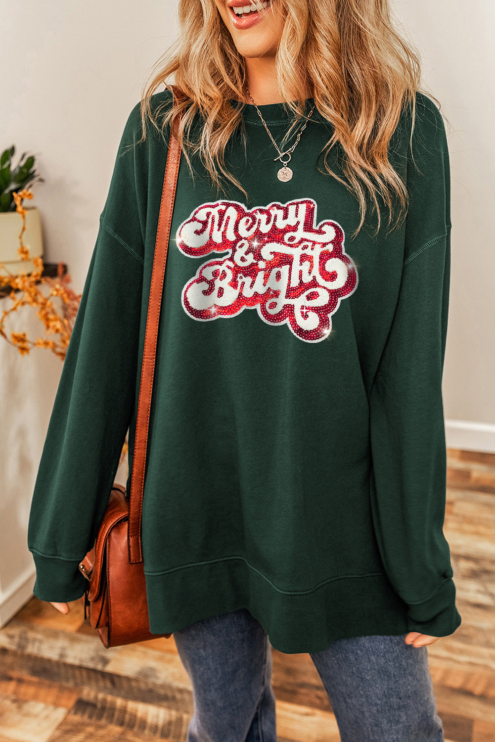 Duffel Green Merry & Bright Round Neck Long Graphic Sweatshirt