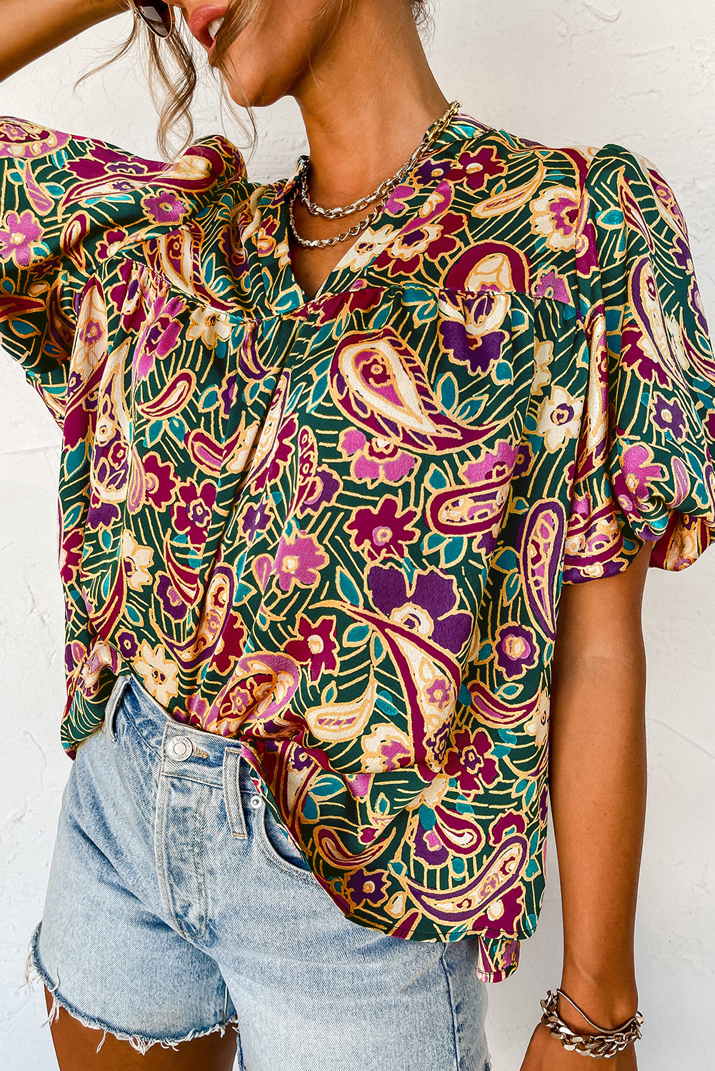 Green Paisley Floral Printed V Neck Puff Sleeve Blouse