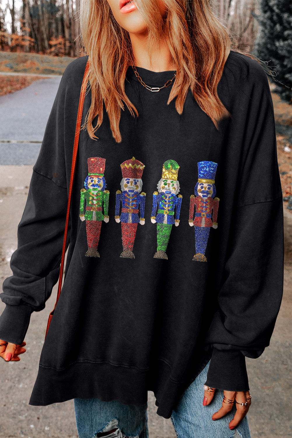 Black Christmas Nutcracker Side Split Graphic Sweatshirt