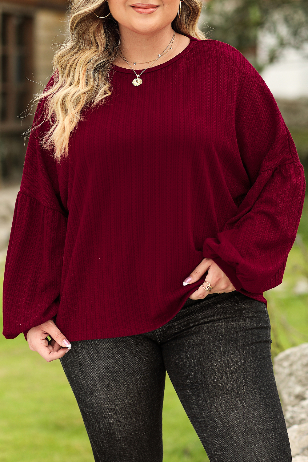 Shewin Wholesale Women Clothing Ruby Plus Size BALLOON Sleeve Textured Knit Top