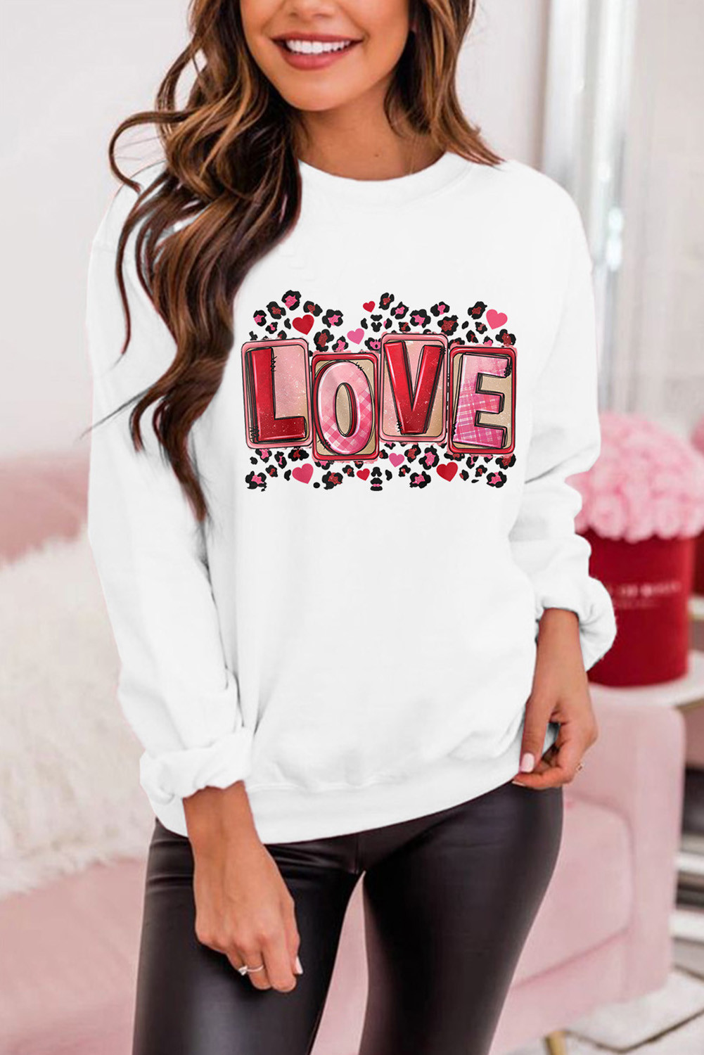 Beige LOVE Leopard Graphic Crew Neck Sweatshirt