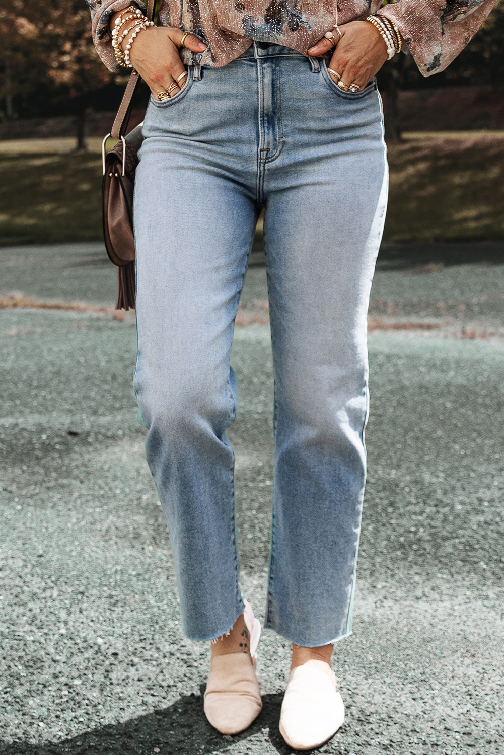 Shewin Wholesale NEW arrival Light Blue Acid Wash Raw Edge Straight Jeans