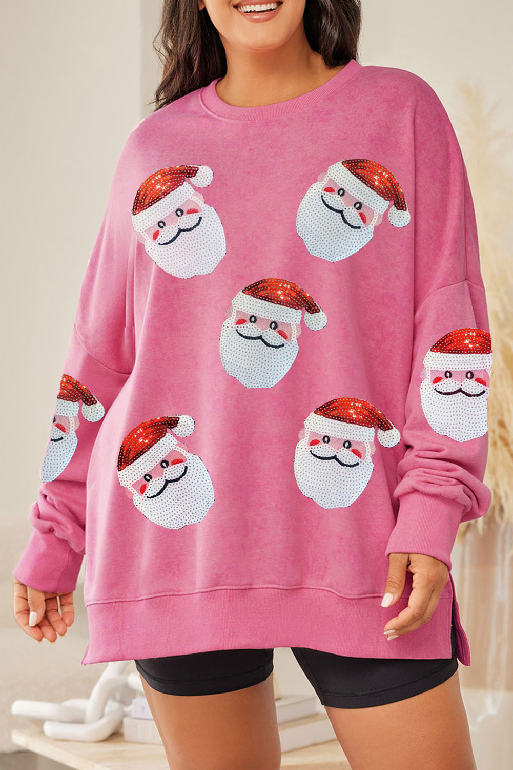 Pink Santa Claus Ribbed Trim Oversized Graphic Sweatshirt