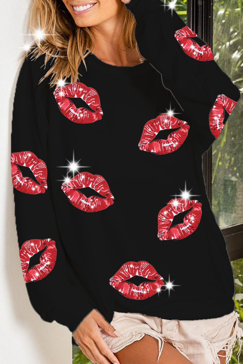  Black VALENTINE's Day Sequin Lip Print Graphic Sweatshirt