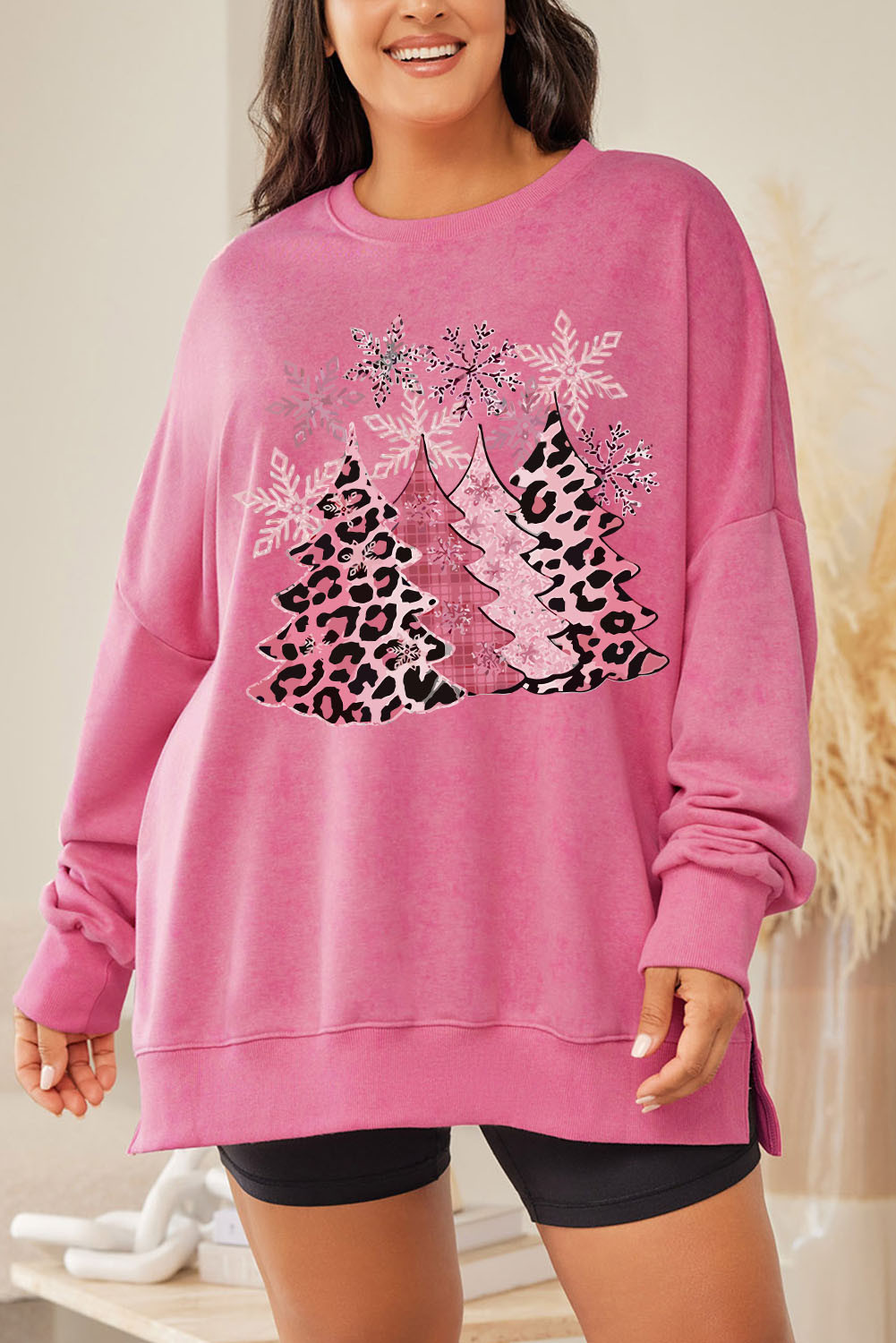 Pink Drop Shoulder Ribbed Trim Oversized Plus Size Graphic Sweatshirt