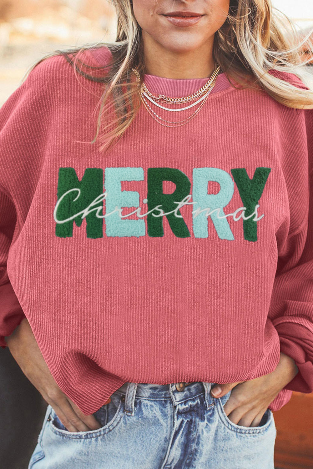 Shewin Wholesale Bulk Strawberry Pink MERRY CHRISTMAS Corded Graphic Sweatshirt