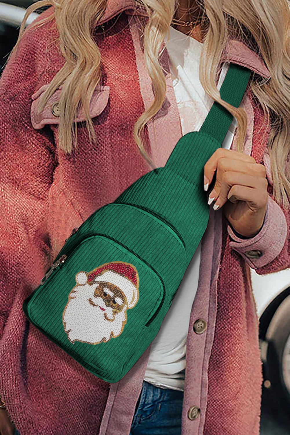 Green Christmas Sequin Santa Claus Corduroy Graphic Sling Bag