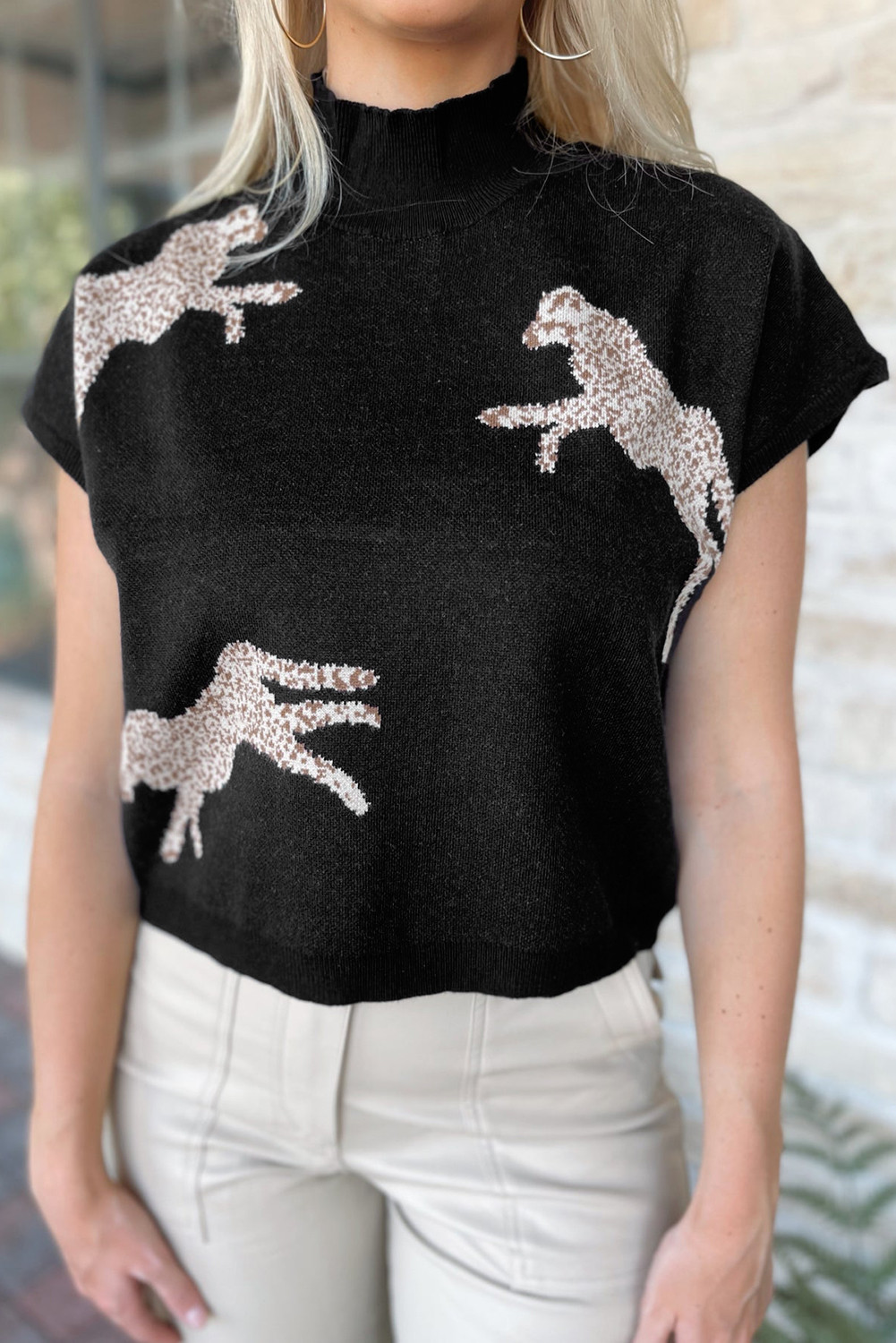 Black Cheetah Pattern Mock Neck Short Sleeve Sweater
