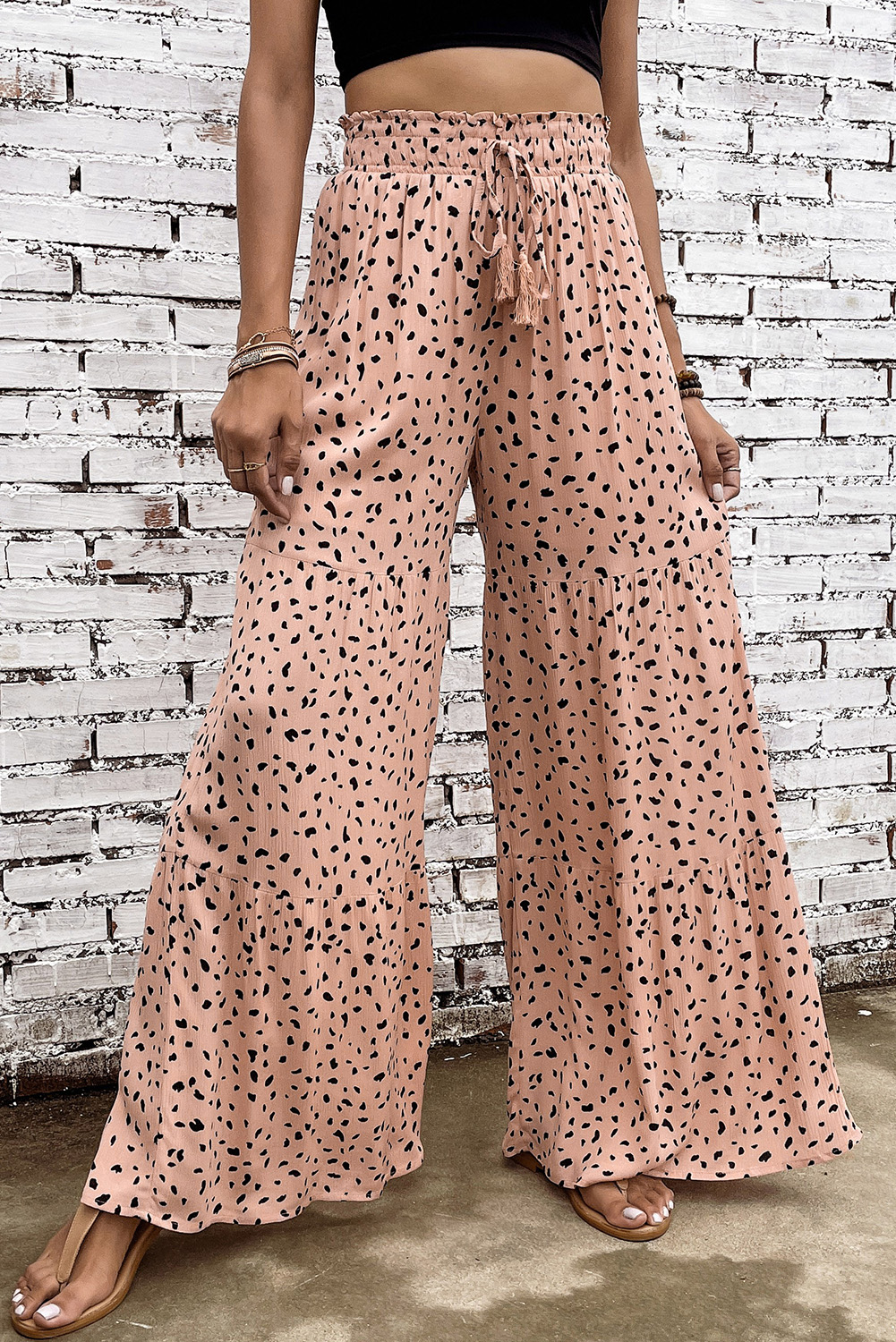 Shewin Wholesale Clothes Stores Brown Ruffle Wide Leg Animal Palazzo PANTS
