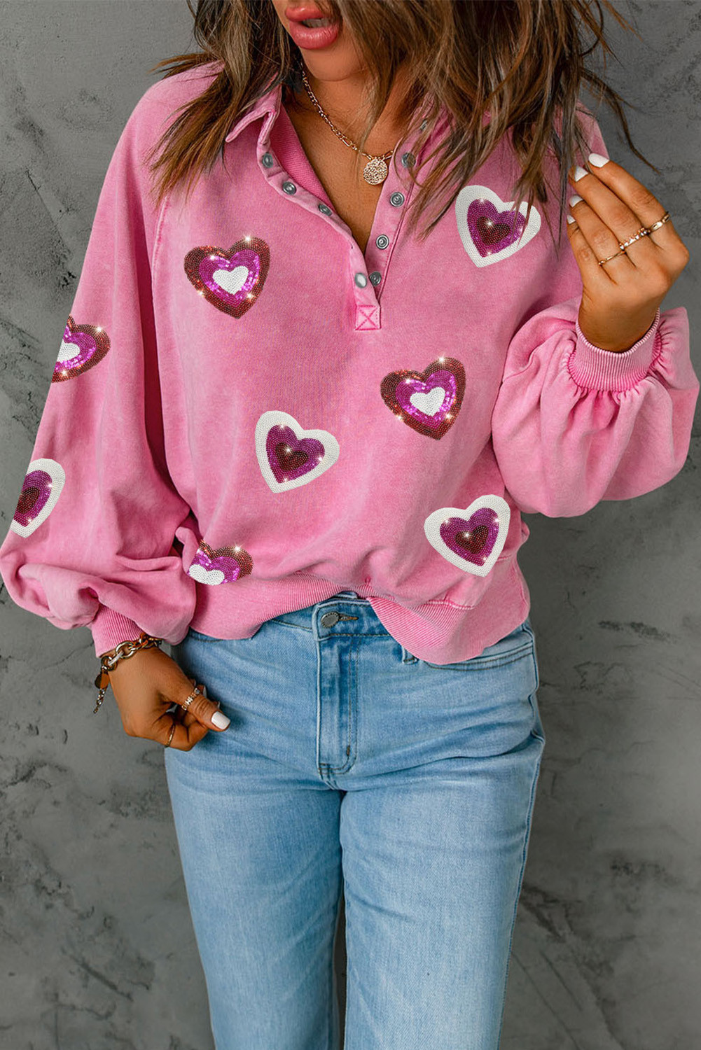 Pink Heart Shaped Henley Puff Sleeve Graphic Sweatshirt