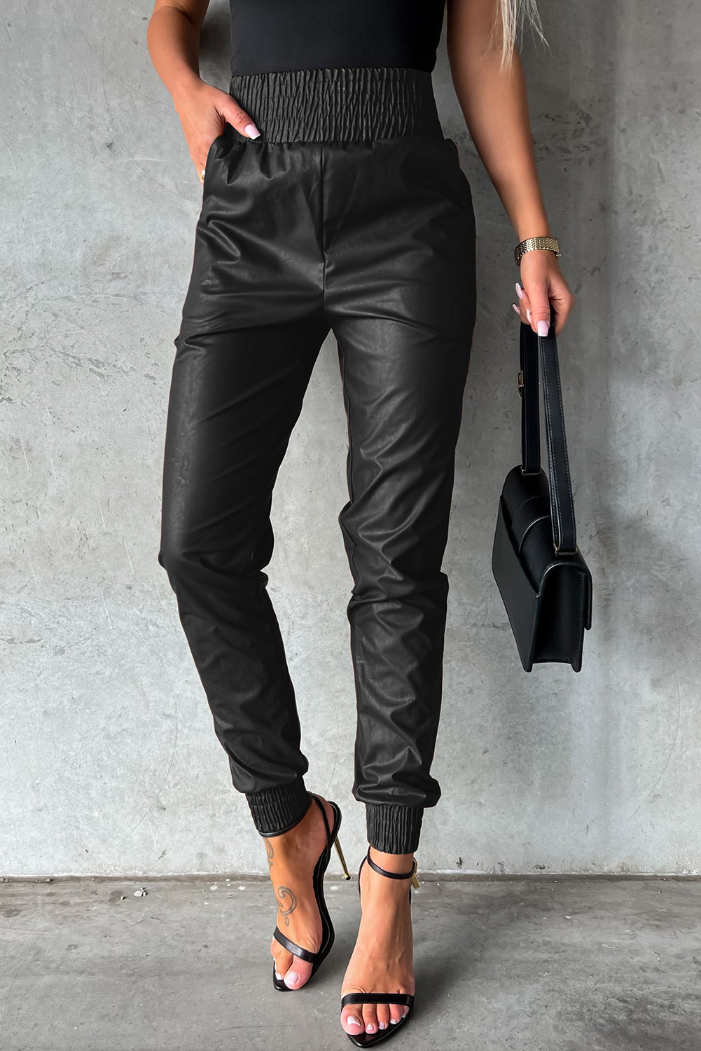 Black Smocked High Waist Leather Skinny Pants