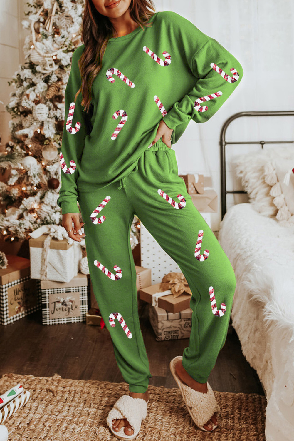 Shewin Wholesale Clothing Suppliers Spinach Green Christmas CANDY Cane Graphic Lounge Set