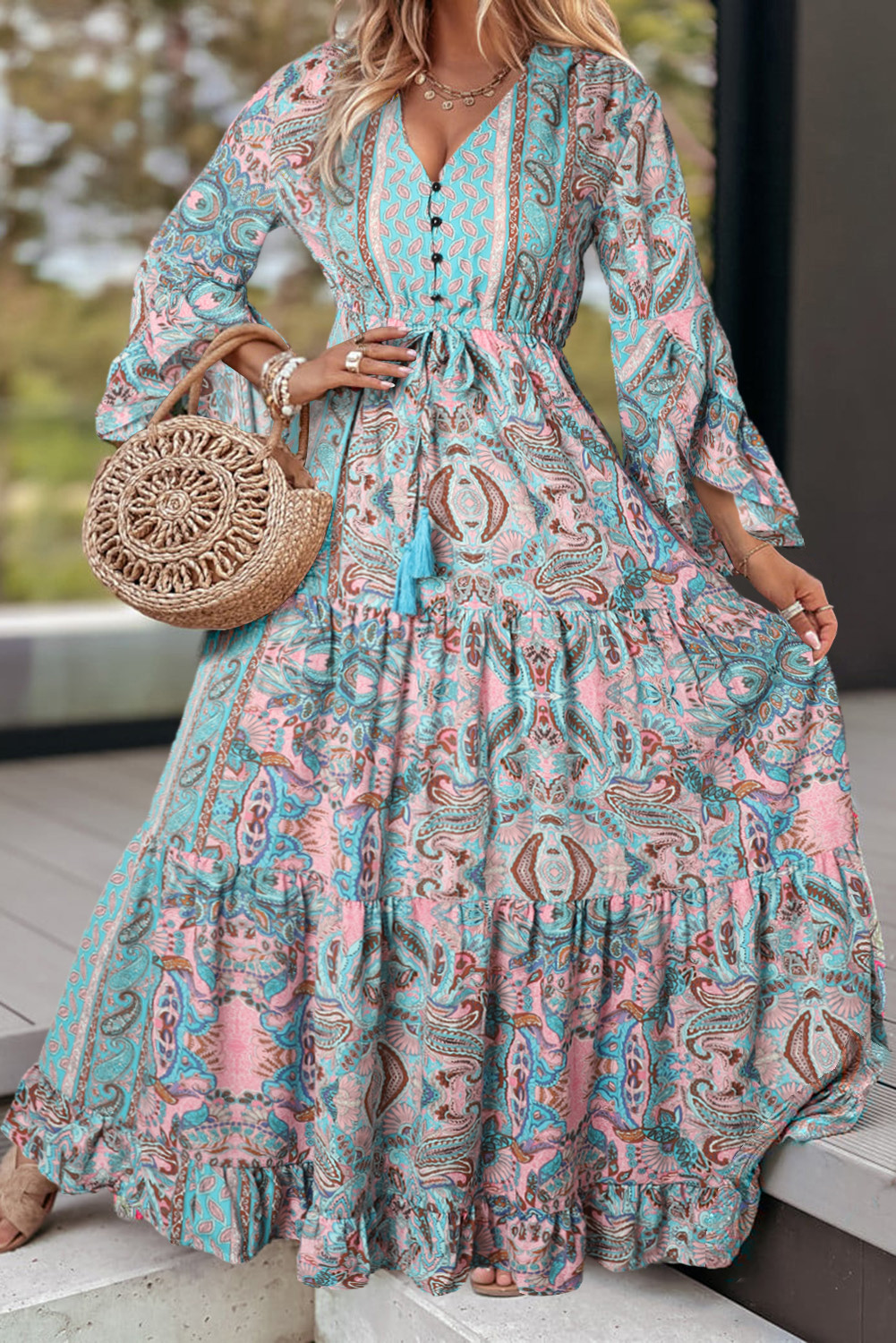 Pink Paisley Print Boho Flounce Sleeve Drawstring Maxi Dress