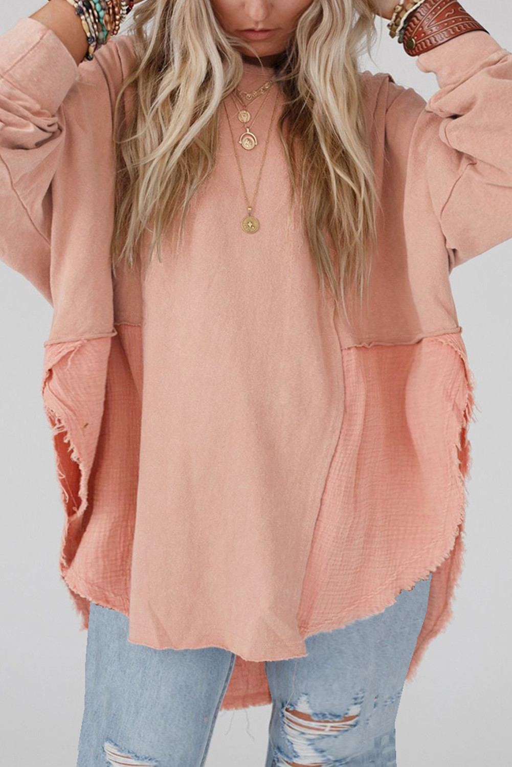 Pink Plus Size Patchwork Raw Hem Loose Fit Top