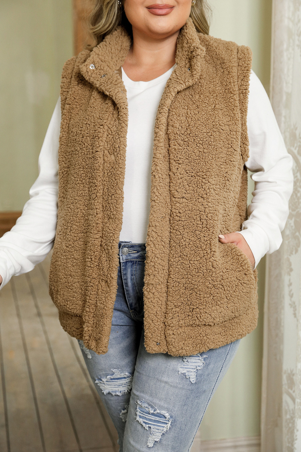 Khaki Plus Size Pocketed Sherpa Vest