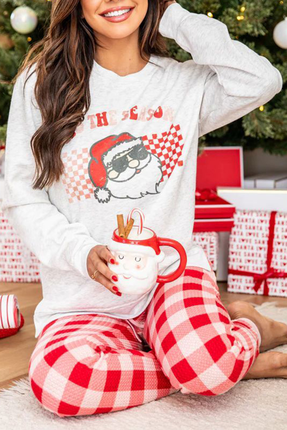 Multicolor Christmas Santa Graphic Top and Plaid PANTS Pajama Set