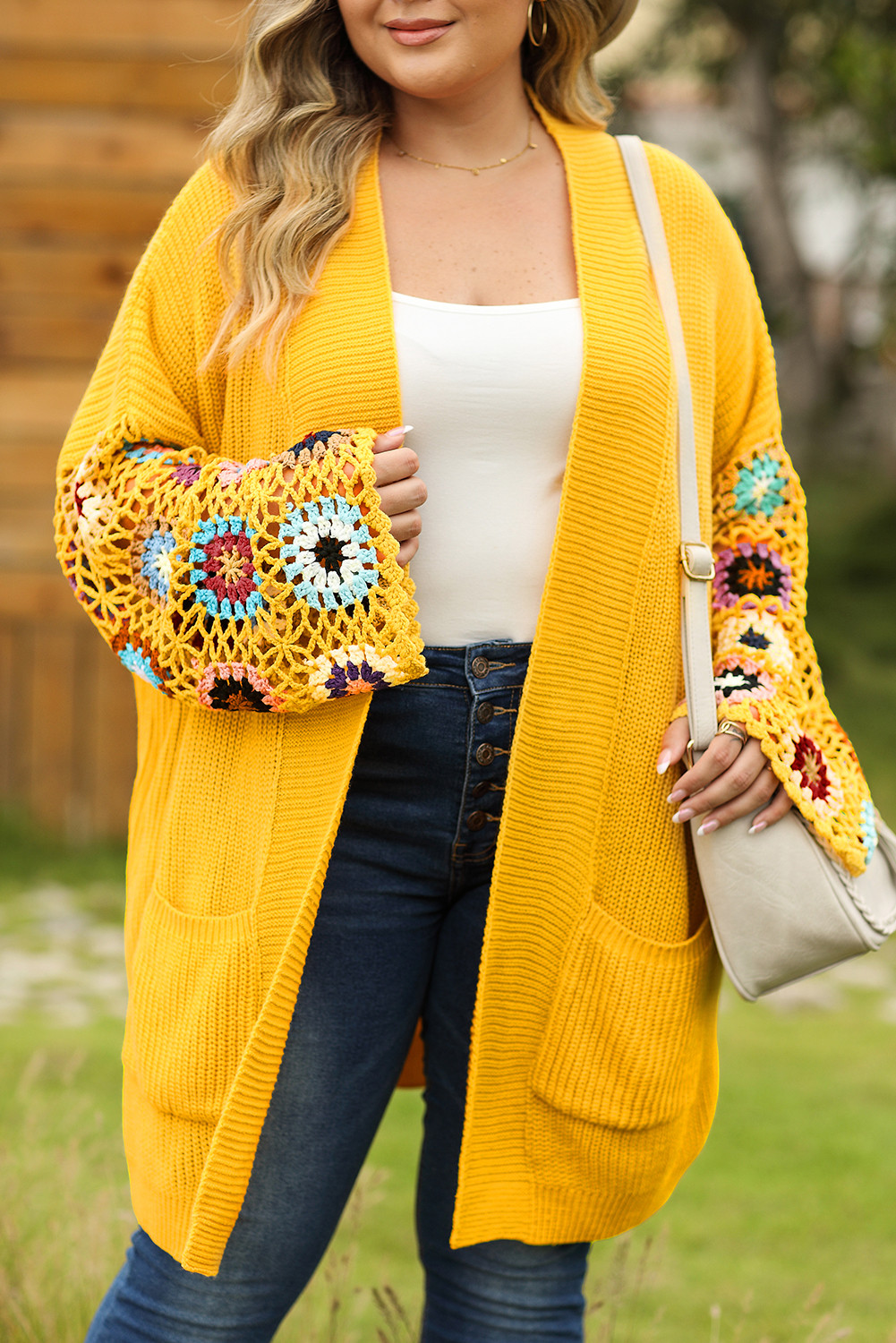 Ginger Plus Size Floral Crochet Sleeve Open Front Cardigan
