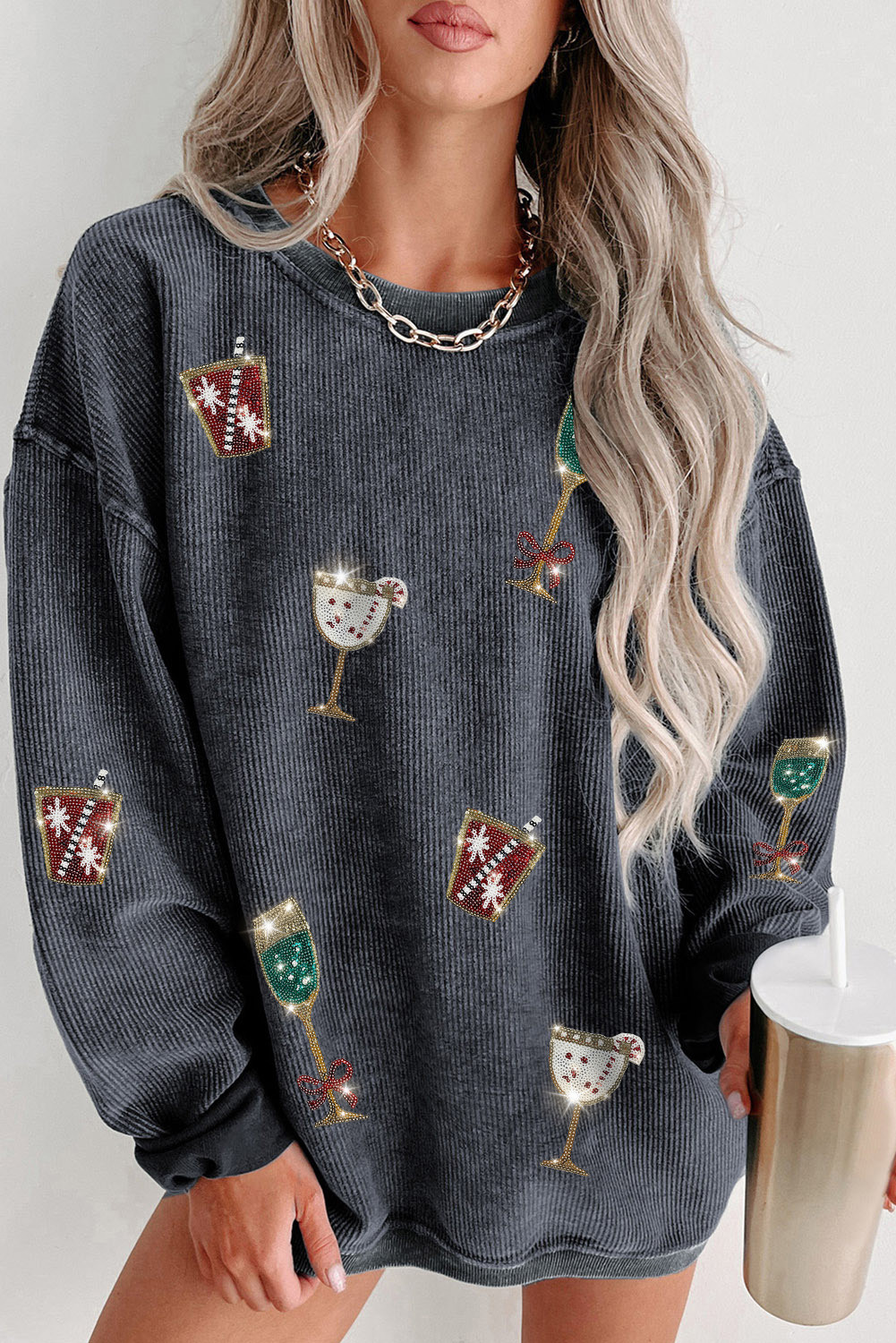 Gray Corduroy Christmas Glasses Graphic Sweatshirt