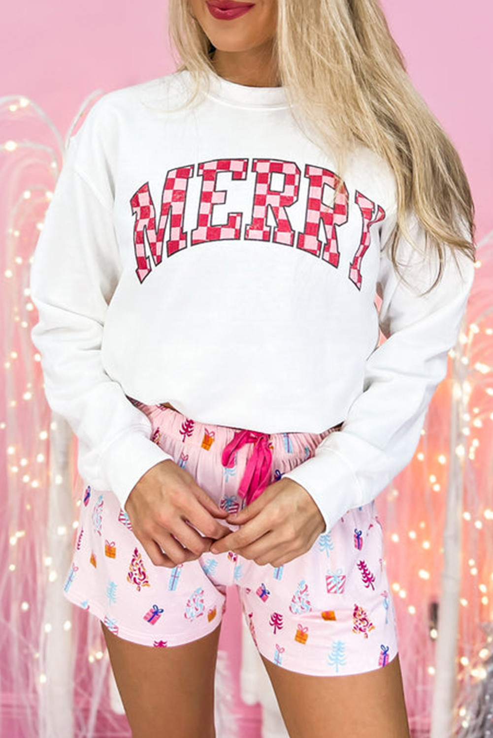 Beige MERRY Plaid Print Crewneck Graphic Sweatshirt