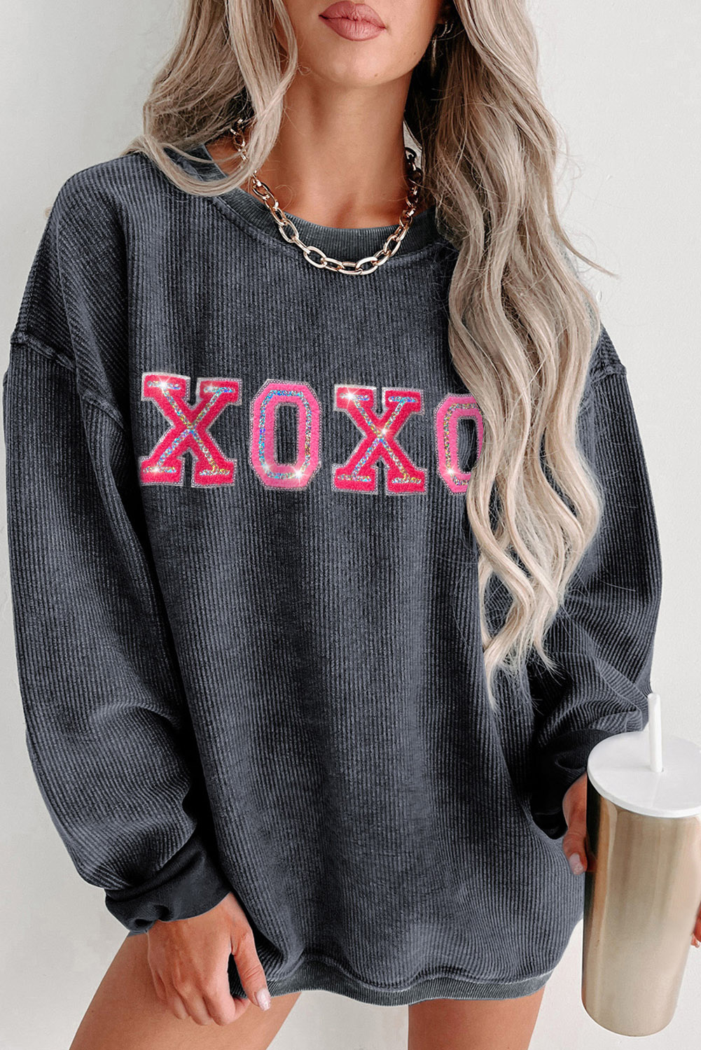  Gray Corded VALENTINE Sequin XOXO Graphic Sweatshirt