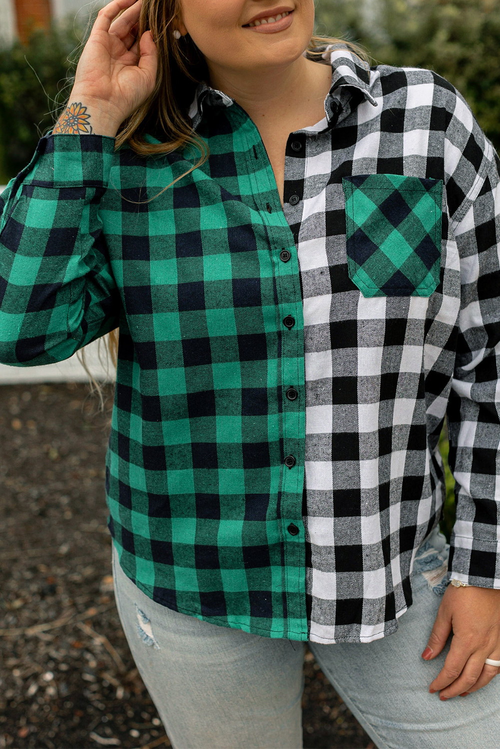 Verdant Plaid Color Block Buttoned Plus Size Shacket