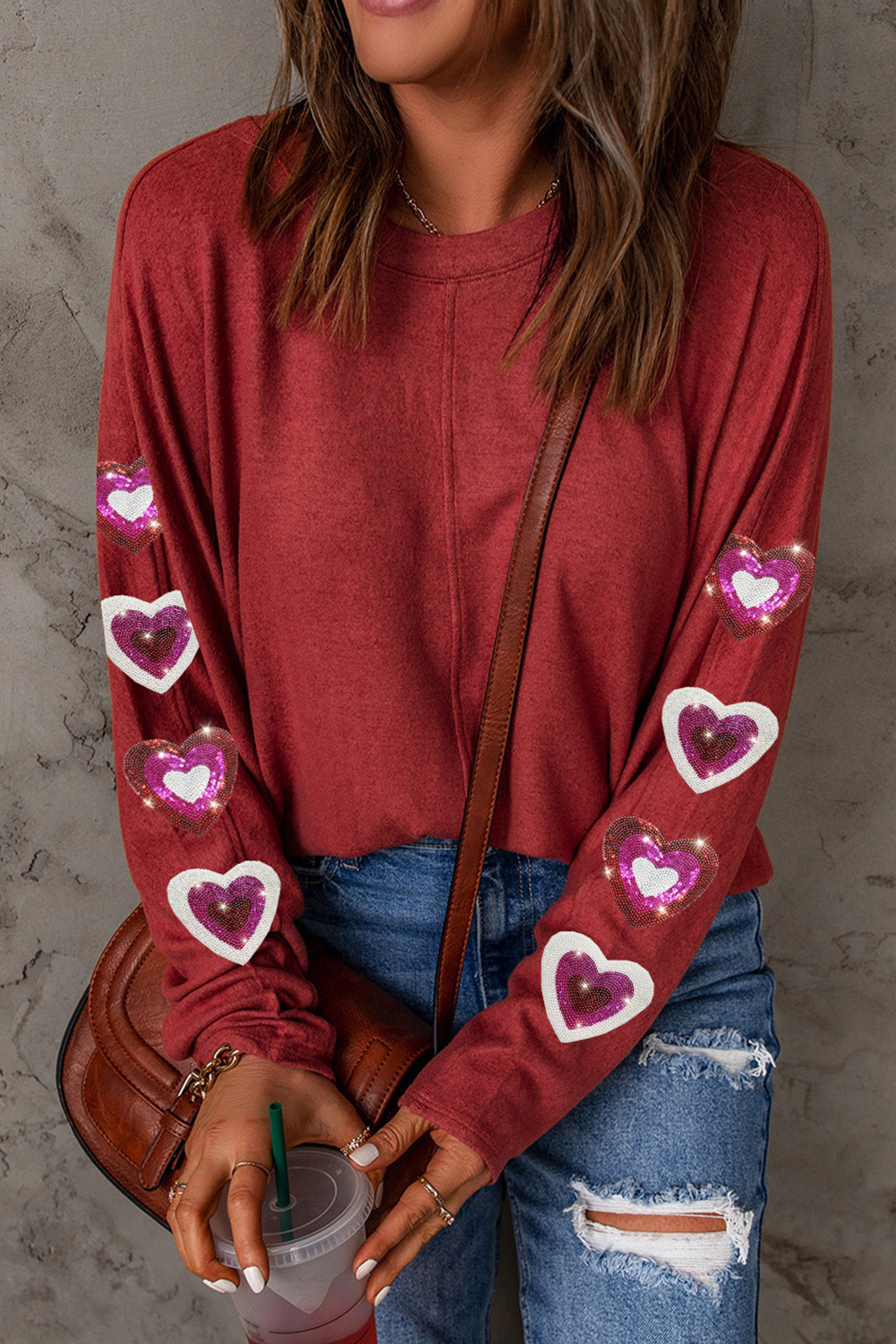 Red Plain Valentine Shiny Heart Long Sleeve Graphic Tee