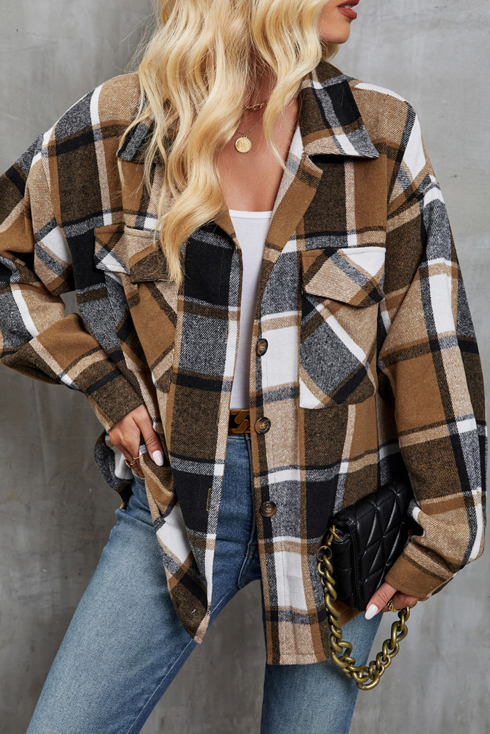 Chestnut Plaid Print Collared Tunic Jacket
