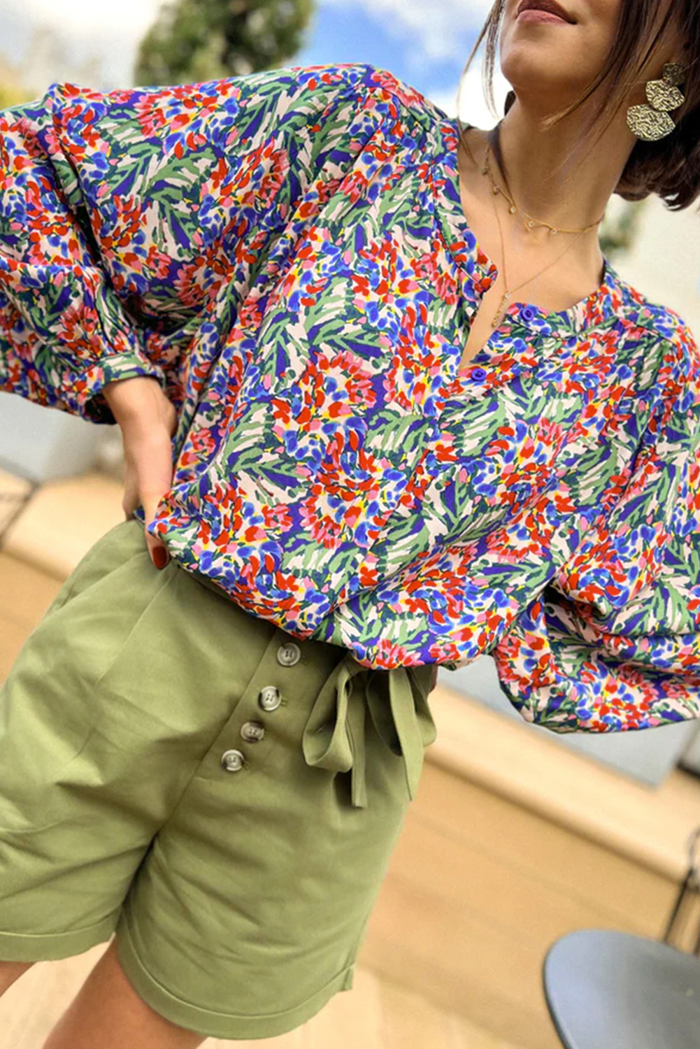 Multicolor Floral Print Boho Bubble Sleeve Blouse