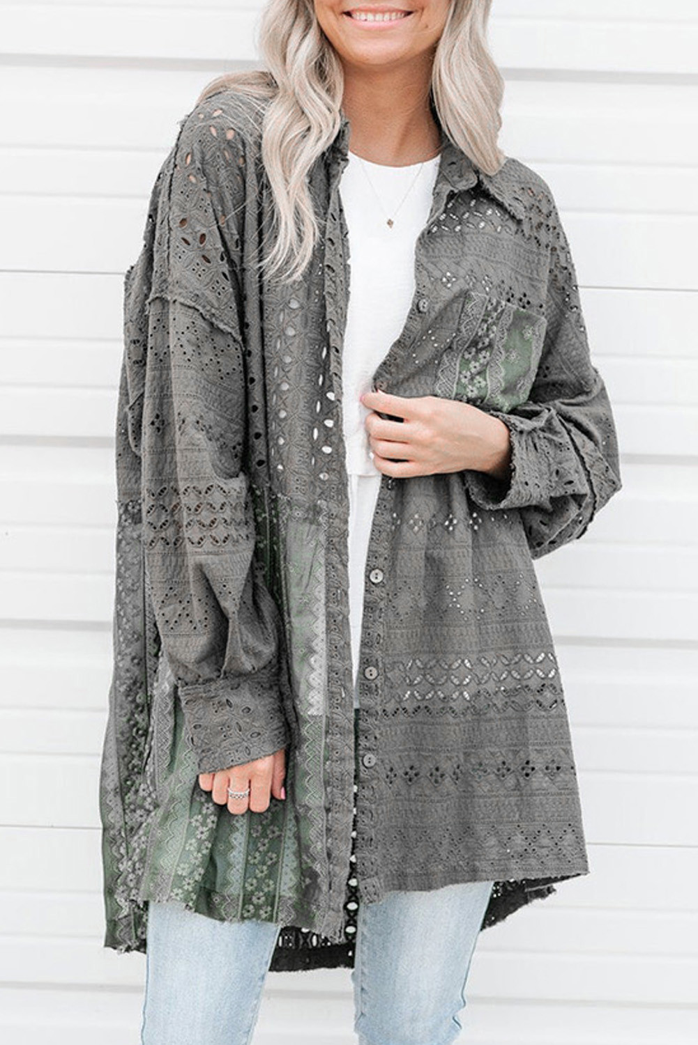 Green Eyelet Pattern Floral Splicing Oversized Shacket