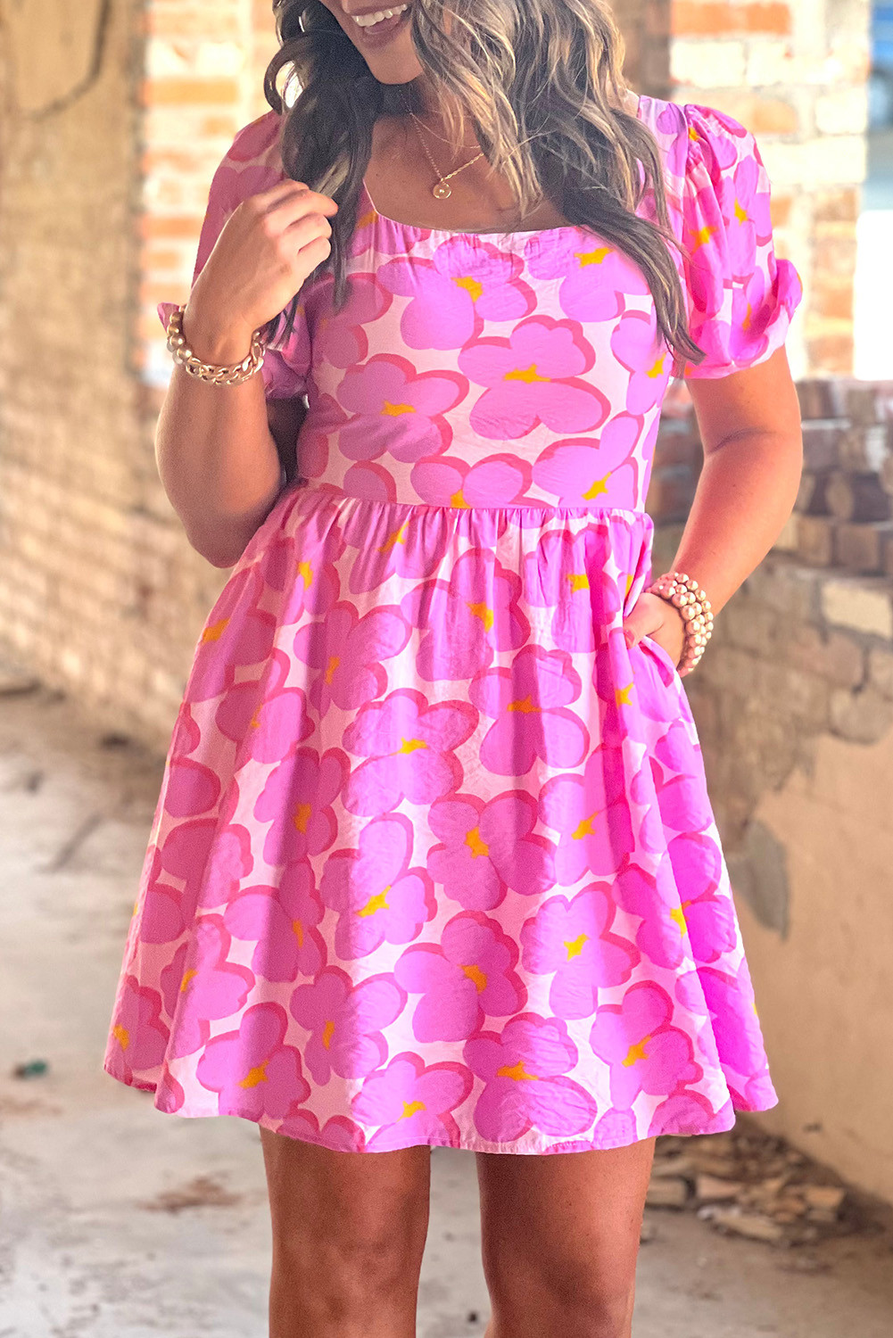 Rose Floral Print Babydoll Short Dress