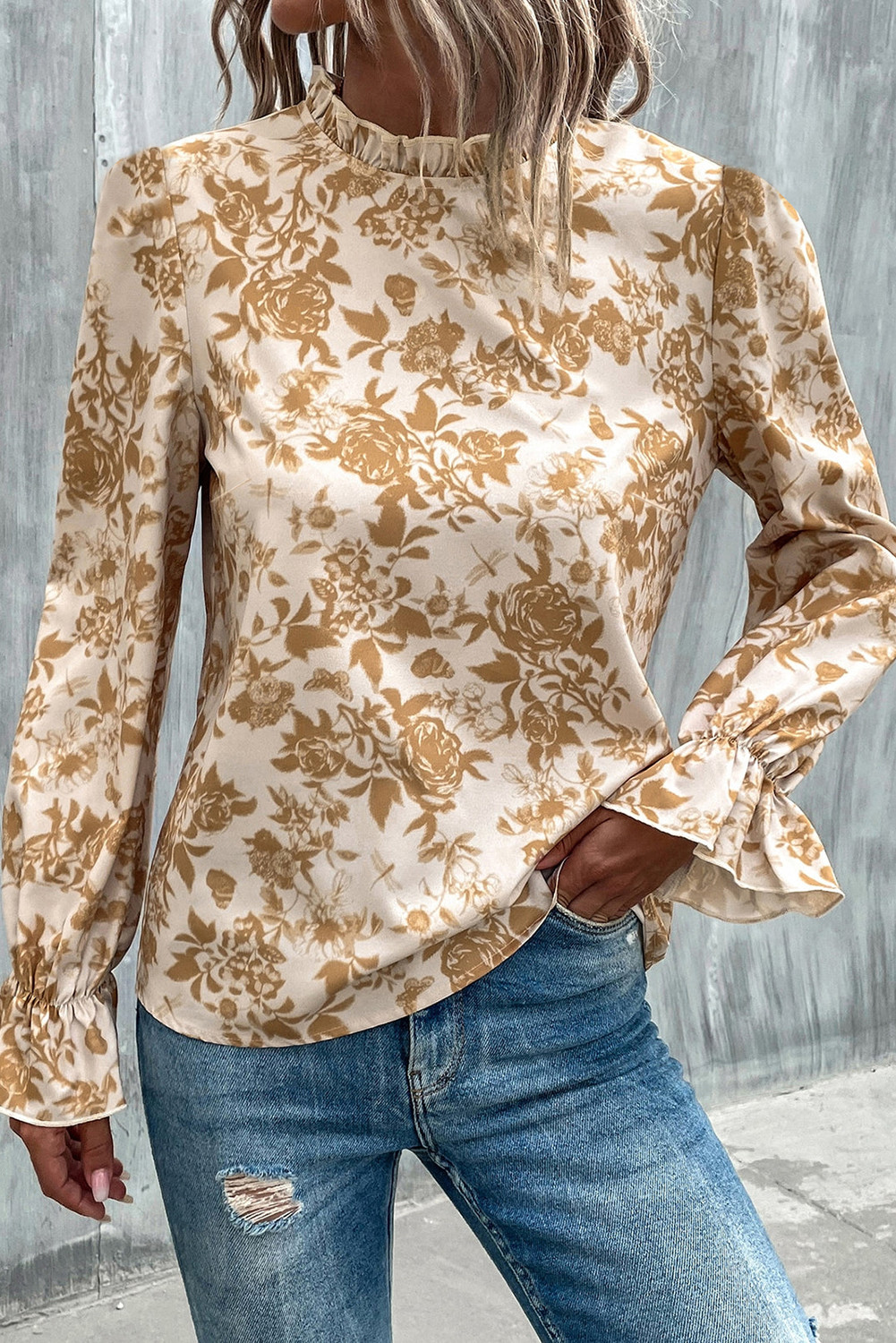 White Floral Print Frilled Neckline Ruffle Cuffs Blouse