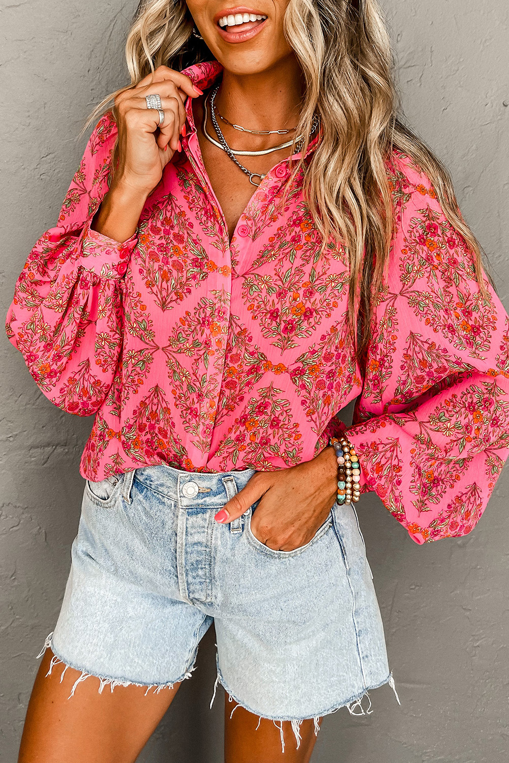 Shewin Wholesale Fall Strawberry Pink Aesthetic Floral Puff Sleeve SHIRT