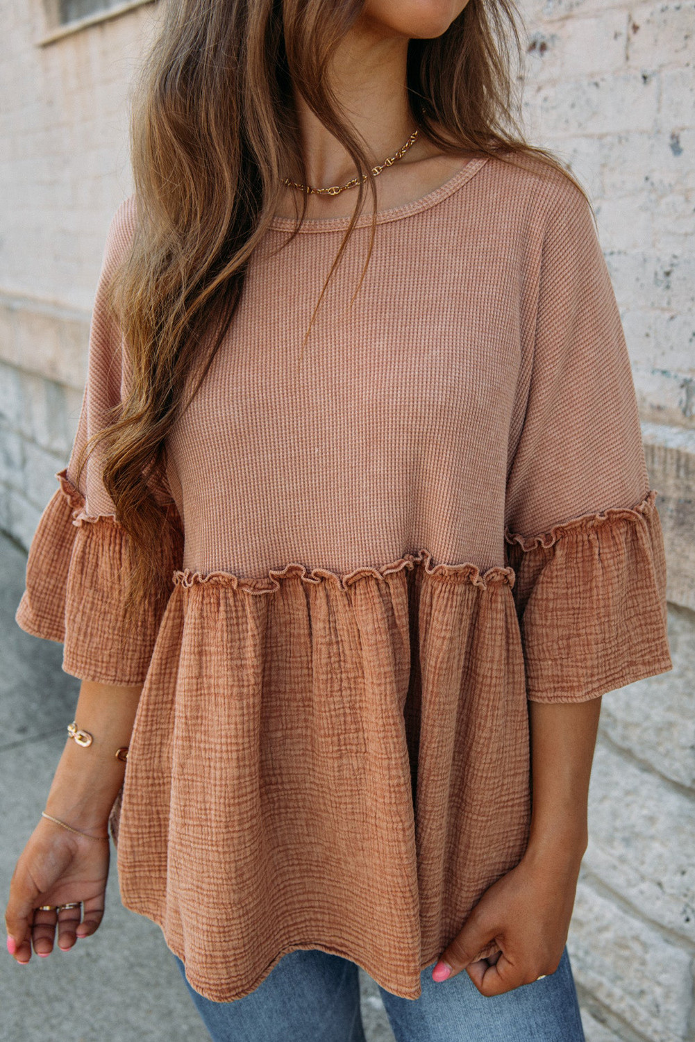Multicolor Crinkled and Waffle Patchwork Frilled Peplum Top