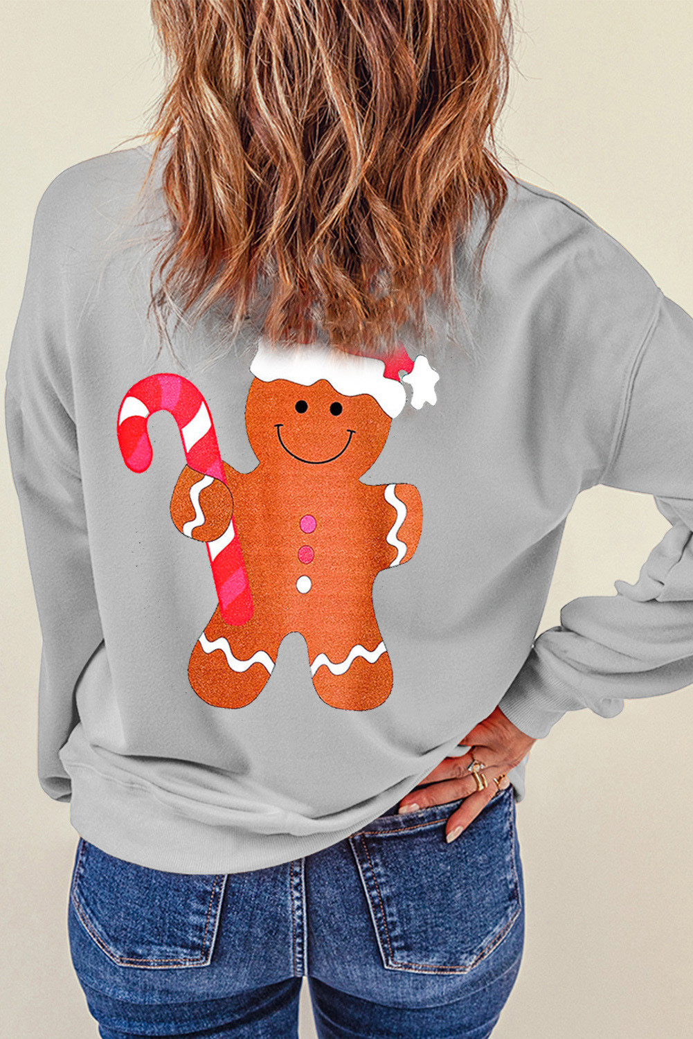 Gray Christmas Gingerbread Crew Neck Graphic Sweatshirt