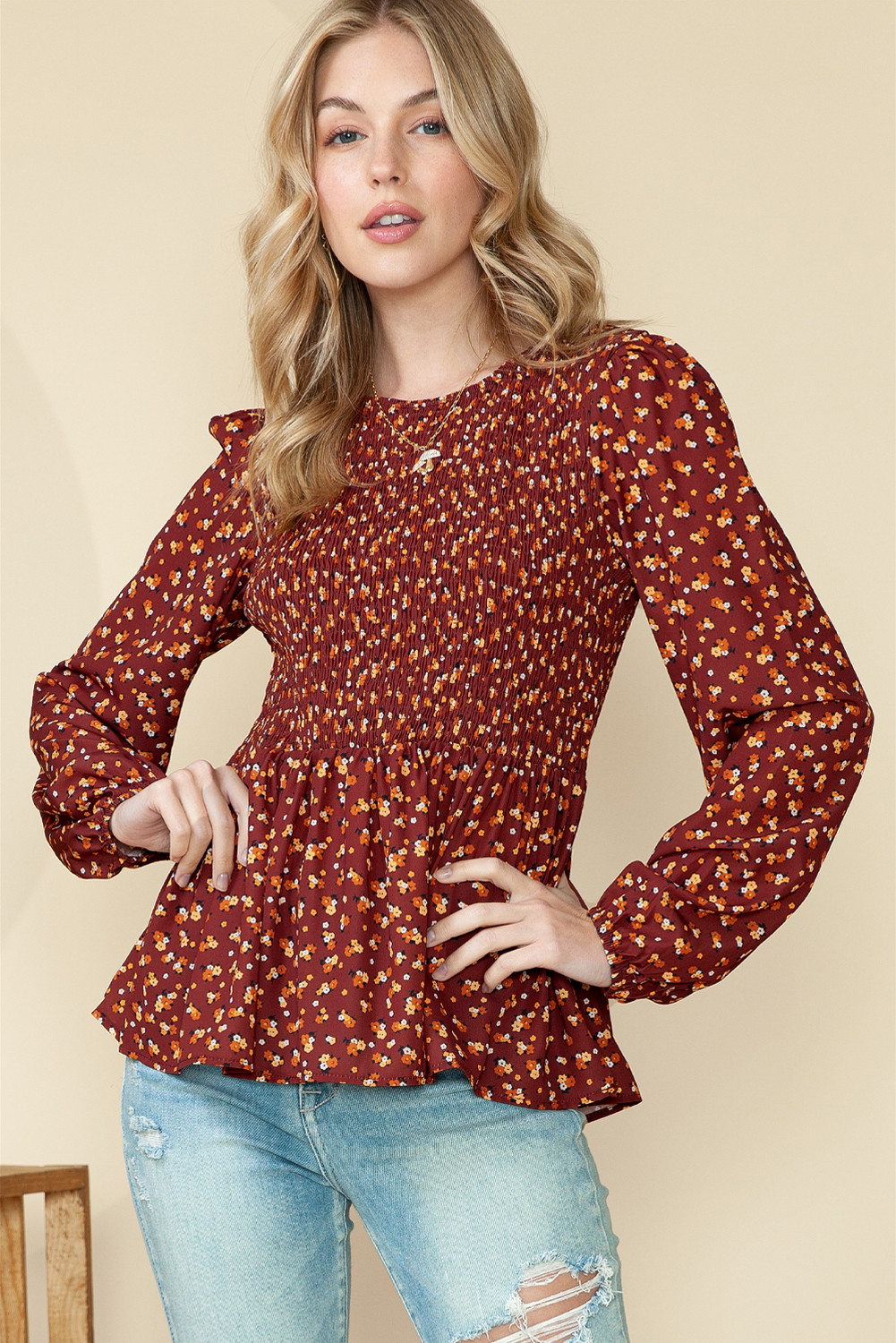 Ditsy Floral Print Boho Smocked Ruffled Peplum Blouse