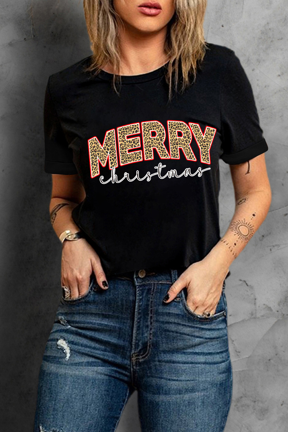 Black MERRY Christmas Leopard Crew Neck Graphic Tee