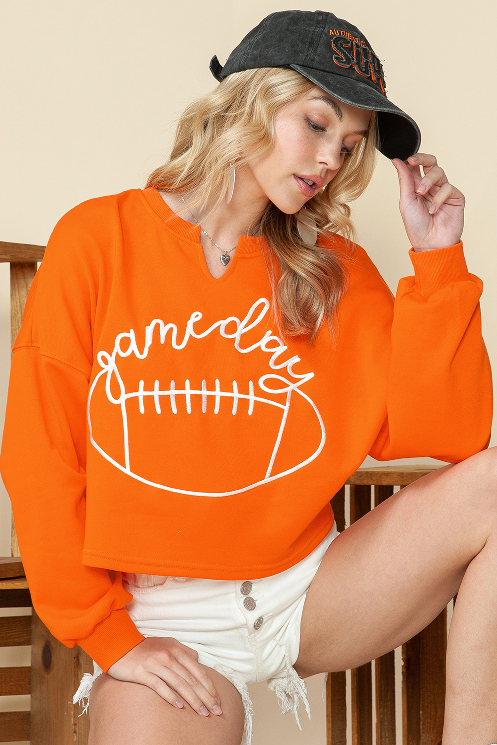 Shewin Wholesale Suppliers Orange GAME Day Lettering Rugby Notched Neck Cropped Sweatshirt