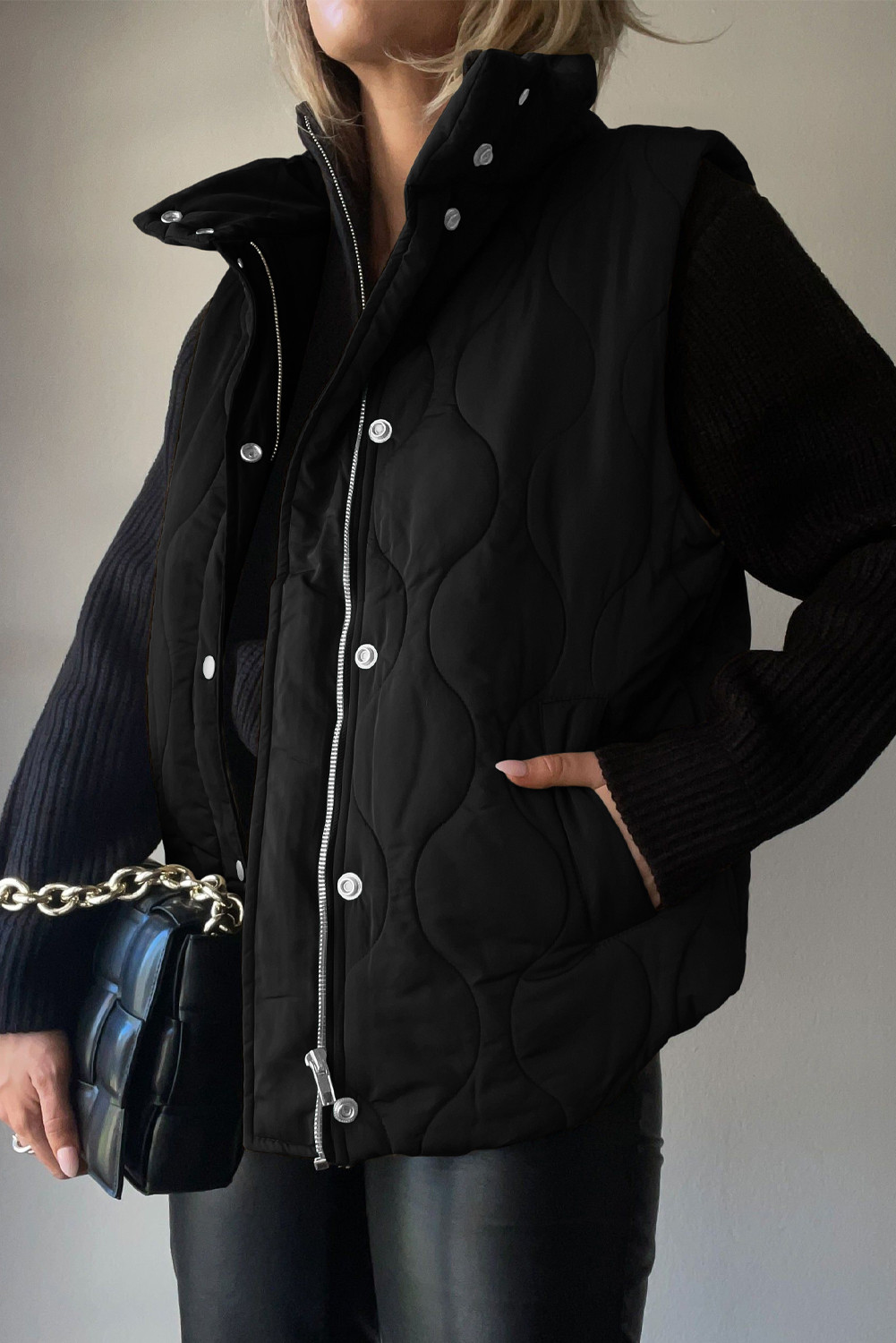 Black Textured Button Zipped Puffer Vest Jacket