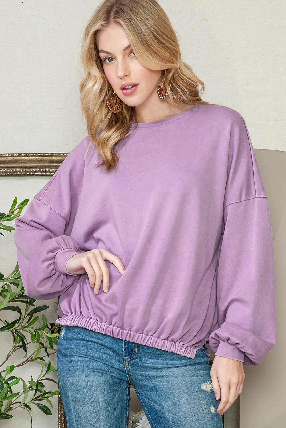 Purple Washed Elastic Hem Lantern Sleeve Sweatshirt