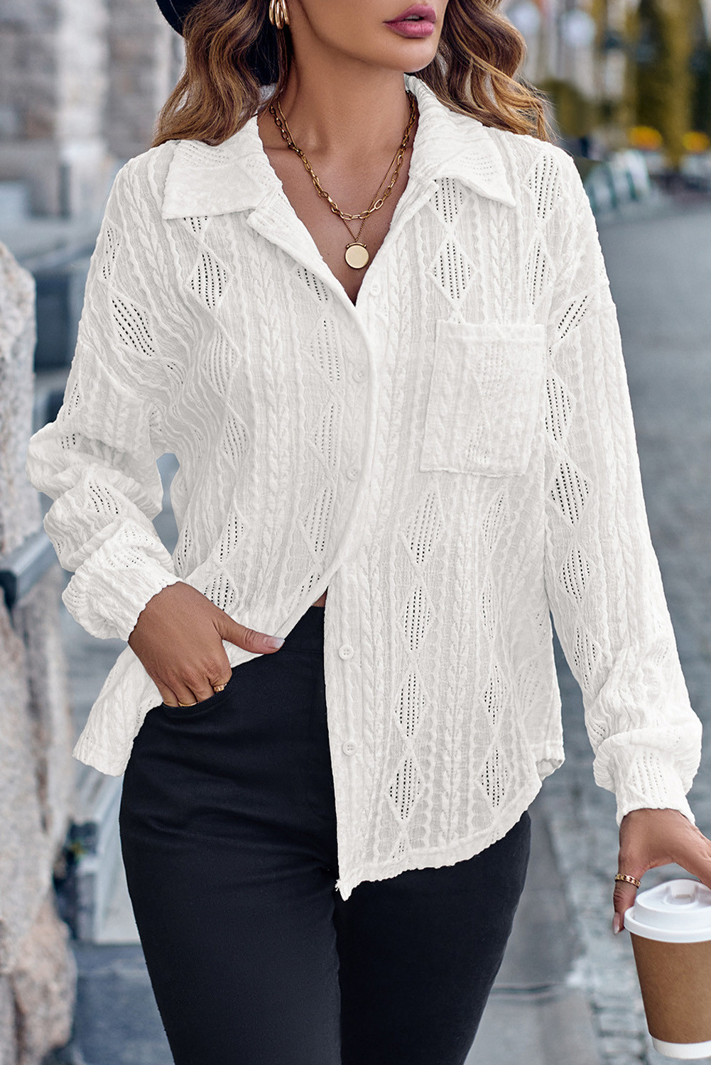 White Casual Pocket Diamond Weave Button Up Shirt