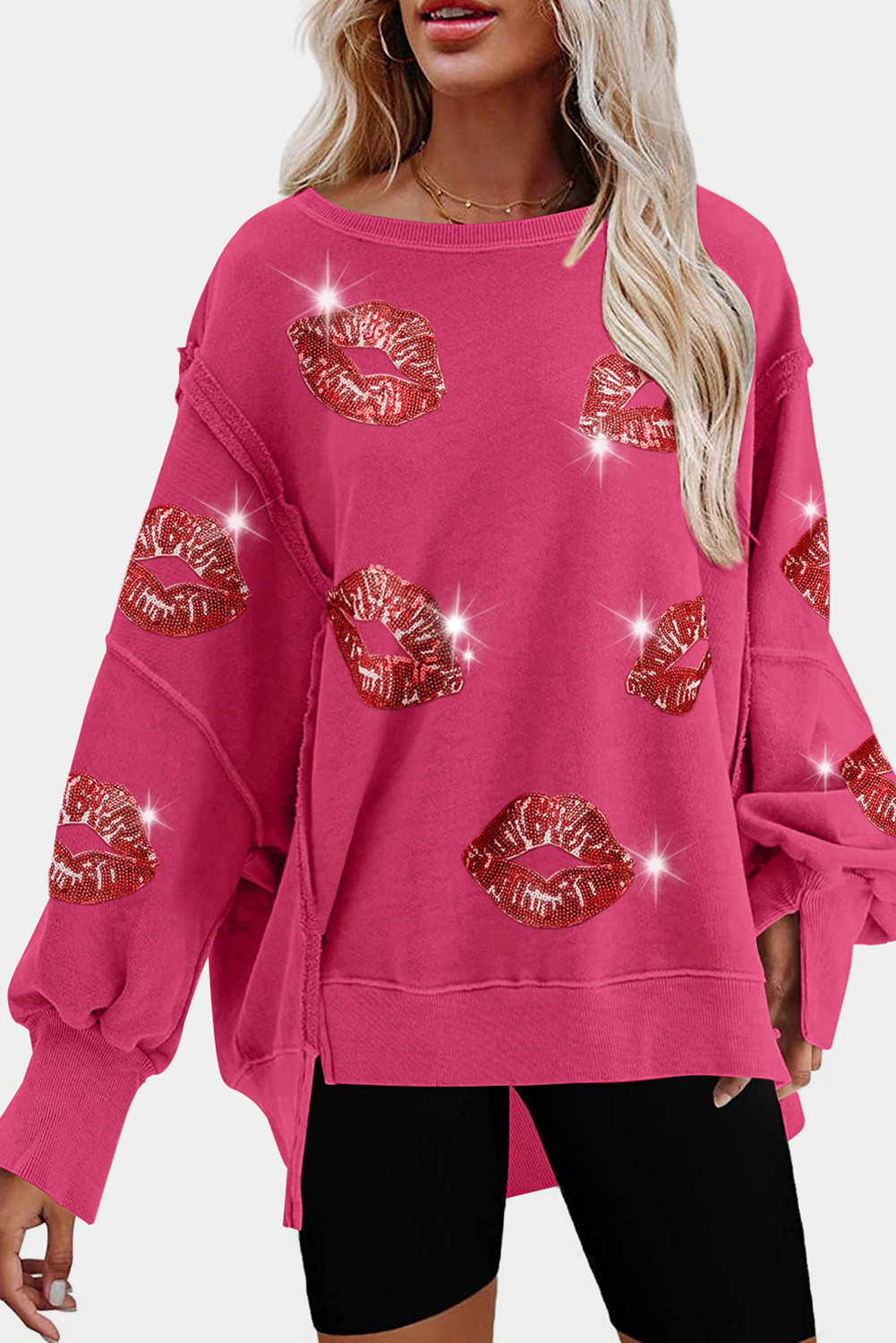 Rose Sequins Lip High Low Hem Split Graphic Sweatshirt