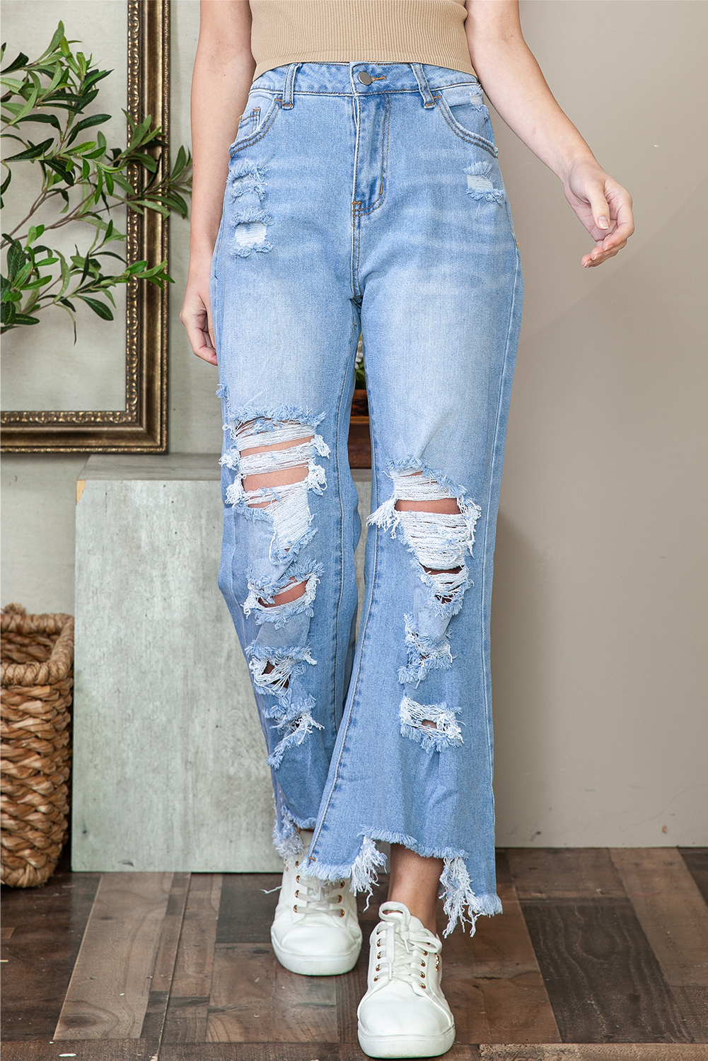 Shewin Wholesale Apparel Stores Sky Blue Heavy Destroyed Raw Hem Wide Leg JEANS