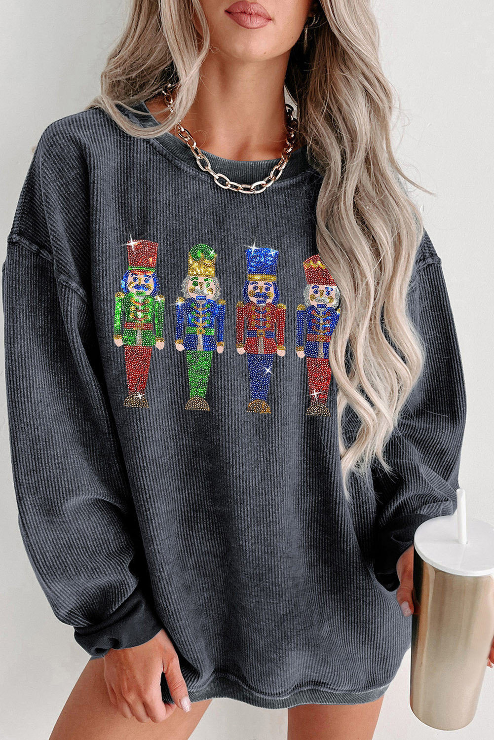 Gray Sequins Christmas Nutcracker Corded Baggy Graphic Sweatshirt